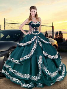 Sweetheart Sleeveless Lace Up Ball Gown Prom Dress Peacock Green Satin