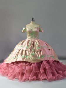 Low Price Pink Off The Shoulder Lace Up Embroidery and Ruffles Sweet 16 Dresses Chapel Train Sleeveless