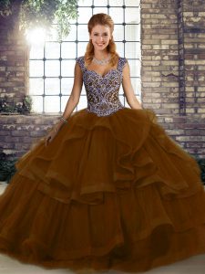 Beading and Ruffles Sweet 16 Quinceanera Dress Brown Lace Up Sleeveless Floor Length