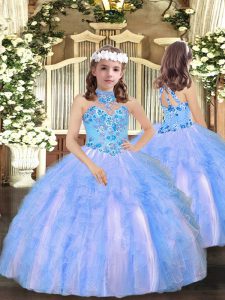 Appliques and Ruffles Pageant Gowns For Girls Blue Lace Up Sleeveless Floor Length
