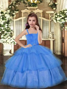 Top Selling Sleeveless Tulle Floor Length Lace Up Little Girls Pageant Gowns in Blue with Ruffled Layers