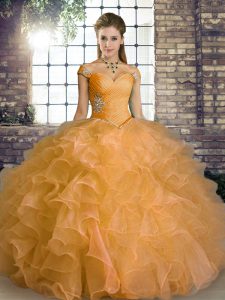 Colorful Floor Length Lace Up 15 Quinceanera Dress Orange for Military Ball and Sweet 16 and Quinceanera with Beading and Ruffles