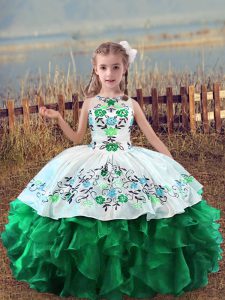 Dramatic Green Kids Formal Wear Wedding Party with Embroidery and Ruffles Scoop Sleeveless Lace Up