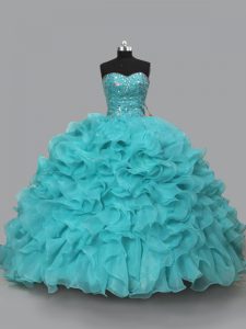 Latest Sweetheart Sleeveless 15th Birthday Dress Beading and Ruffles Aqua Blue Organza