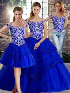 Brush Train Three Pieces Sweet 16 Dresses Royal Blue Off The Shoulder Tulle Sleeveless Lace Up