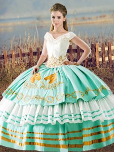 Aqua Blue Lace Up Quinceanera Gown Beading and Ruffled Layers Sleeveless Floor Length