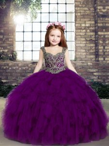 Purple Ball Gowns Straps Sleeveless Tulle Floor Length Lace Up Beading and Ruffles Kids Formal Wear