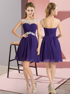 Exquisite Purple Bateau Neckline Beading Quinceanera Court of Honor Dress Cap Sleeves Lace Up