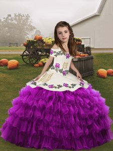 Purple Ball Gowns Organza Straps Sleeveless Embroidery and Ruffled Layers Floor Length Lace Up Little Girl Pageant Gowns