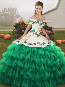 Off The Shoulder Sleeveless Quinceanera Gowns Floor Length Embroidery and Ruffled Layers Turquoise Organza