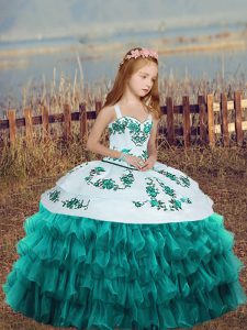 Graceful Teal Ball Gowns Embroidery and Ruffled Layers Girls Pageant Dresses Lace Up Organza Sleeveless Floor Length