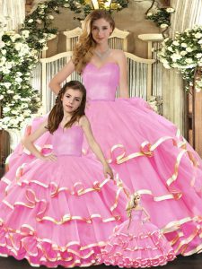 Admirable Floor Length Lace Up 15th Birthday Dress Rose Pink for Military Ball and Sweet 16 and Quinceanera with Ruffled Layers
