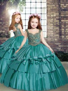 Amazing Floor Length Ball Gowns Sleeveless Teal Girls Pageant Dresses Lace Up