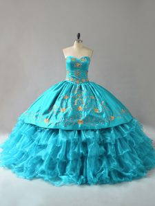 Floor Length Aqua Blue Sweet 16 Dress Organza Sleeveless Embroidery and Ruffles