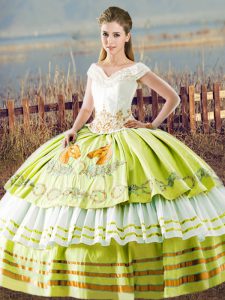 Popular Yellow Green Satin Lace Up Sweet 16 Dresses Sleeveless Floor Length Embroidery and Ruffled Layers