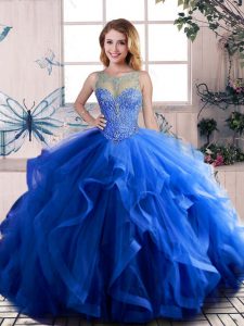 Fitting Scoop Sleeveless Tulle 15 Quinceanera Dress Beading and Ruffles Lace Up