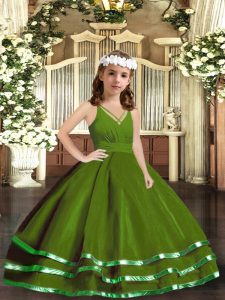 Beauteous Sleeveless Tulle Floor Length Zipper Pageant Gowns For Girls in Green with Ruffled Layers