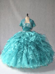 New Style Turquoise Sleeveless Beading Floor Length 15th Birthday Dress