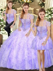 Classical Strapless Sleeveless Quinceanera Gown Floor Length Beading and Appliques and Ruffles Lavender Tulle