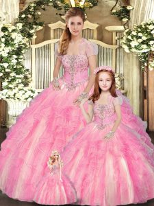 Adorable Baby Pink Ball Gowns Strapless Sleeveless Tulle Floor Length Lace Up Beading and Ruffles Ball Gown Prom Dress