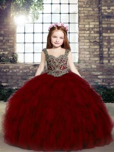 High Quality Floor Length Lace Up Little Girl Pageant Gowns Red for Party and Military Ball and Wedding Party with Beading and Ruffles