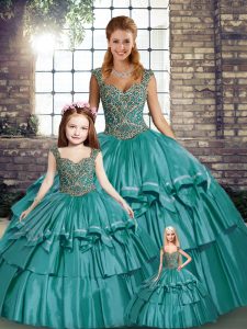Custom Fit Sleeveless Floor Length Beading and Ruffled Layers Lace Up Quinceanera Dresses with Teal
