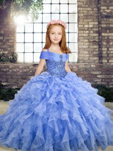 Floor Length Blue Little Girls Pageant Dress Organza Sleeveless Beading and Ruffles