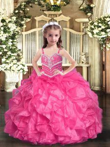 Ball Gowns Child Pageant Dress Hot Pink Straps Organza Sleeveless Floor Length Lace Up