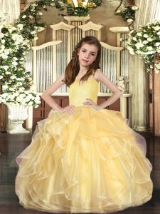 Sleeveless Organza Floor Length Lace Up Pageant Dress for Teens in Gold with Ruffles