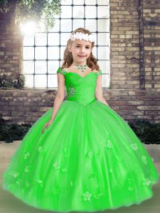 Floor Length Green Girls Pageant Dresses Tulle Sleeveless Beading and Hand Made Flower