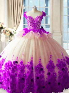 Exquisite Brush Train Ball Gowns Vestidos de Quinceanera White And Purple Scoop Tulle Sleeveless Zipper
