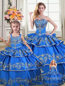 New Style Floor Length Lace Up Quinceanera Dress Royal Blue for Sweet 16 and Quinceanera with Embroidery and Ruffled Layers