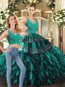 Sleeveless Floor Length Appliques and Ruffles Backless Quinceanera Gown with Turquoise