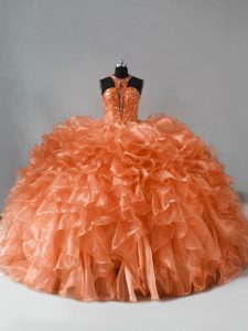 Brush Train Ball Gowns 15 Quinceanera Dress Orange Halter Top Organza Sleeveless Zipper