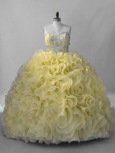 Customized Yellow Fabric With Rolling Flowers Lace Up 15 Quinceanera Dress Sleeveless Beading