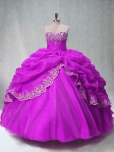 Fuchsia Organza Lace Up Sweetheart Sleeveless Floor Length Sweet 16 Dresses Beading and Appliques