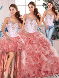 Classical Watermelon Red Sleeveless Organza Clasp Handle Quinceanera Dress for Military Ball and Sweet 16 and Quinceanera