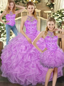 Dazzling Lilac Three Pieces Tulle Halter Top Sleeveless Beading and Ruffles Floor Length Lace Up Quinceanera Gowns