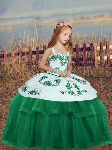 Dark Green Sleeveless Floor Length Embroidery Lace Up Winning Pageant Gowns
