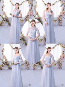 High-neck Cap Sleeves Lace Up Quinceanera Dama Dress Grey Tulle