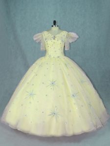 Floor Length Yellow Vestidos de Quinceanera Organza Short Sleeves Beading