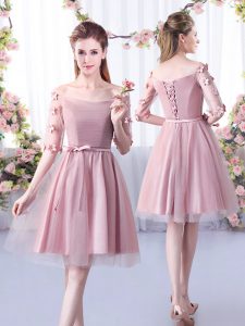 Fantastic Pink Half Sleeves Knee Length Belt Lace Up Quinceanera Court Dresses