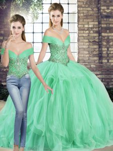 Sleeveless Floor Length Beading and Ruffles Lace Up Ball Gown Prom Dress with Apple Green