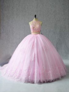 Fashionable Zipper 15 Quinceanera Dress Baby Pink for Sweet 16 and Quinceanera with Beading and Appliques Court Train