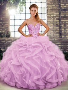 Amazing Lilac Sleeveless Beading and Ruffles Floor Length Quinceanera Dress