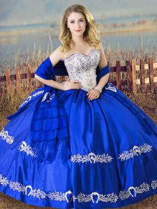 Custom Made Floor Length Royal Blue Quinceanera Gown Satin Sleeveless Beading and Embroidery