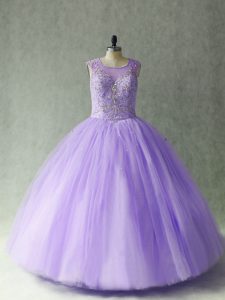 Scoop Sleeveless 15th Birthday Dress Floor Length Beading Lavender Tulle