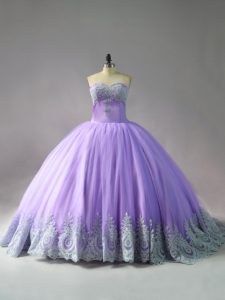 Trendy Lavender Ball Gowns Sweetheart Sleeveless Tulle Court Train Lace Up Appliques Quinceanera Gown