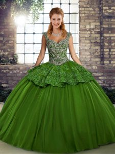 Green Ball Gowns Tulle Straps Sleeveless Beading and Appliques Floor Length Lace Up Quinceanera Gown