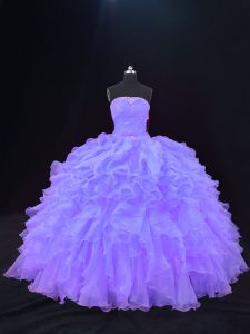 Hot Selling Sleeveless Organza Floor Length Lace Up Sweet 16 Dress in Purple with Beading and Ruffles